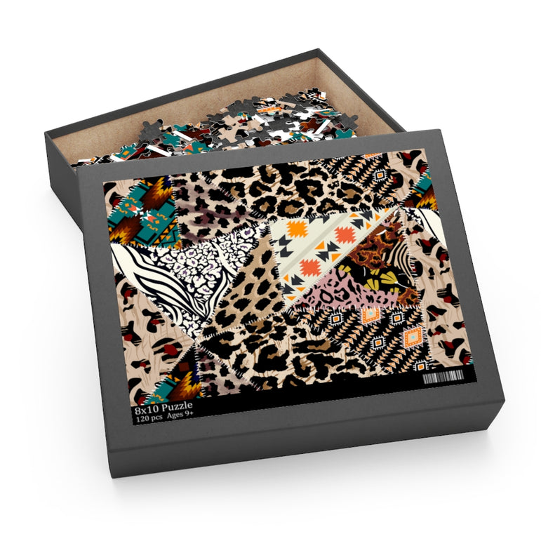 Patchwork leopard and zebra design pattern, leopard and ethnic pattern - Jigsaw Puzzle