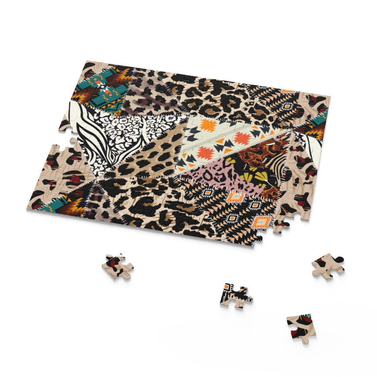 Patchwork leopard and zebra design pattern, leopard and ethnic pattern - Jigsaw Puzzle